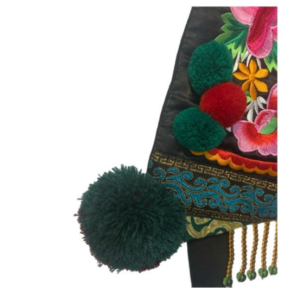 Ethnic Handmade Embroidery Black Floral Sling Bag With Tassels, Pom Poms & Beads - Picture 6 of 8